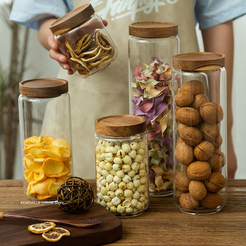 Food Storage Jars With Wooden Lids - Tapa de madera, recipiente hermético de