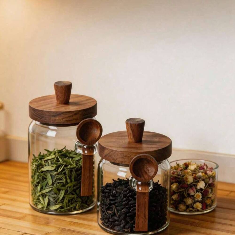 Food Storage Jars With Wooden Lids - Juego de 3 tarros de vidrio