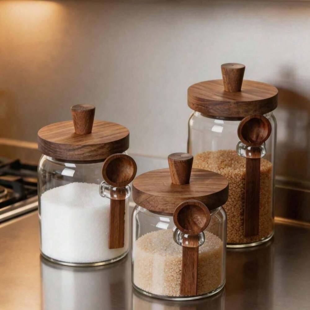 Juego de 3 tarros de vidrio tr - Food Storage Jars With Wooden Lids reseña y precio