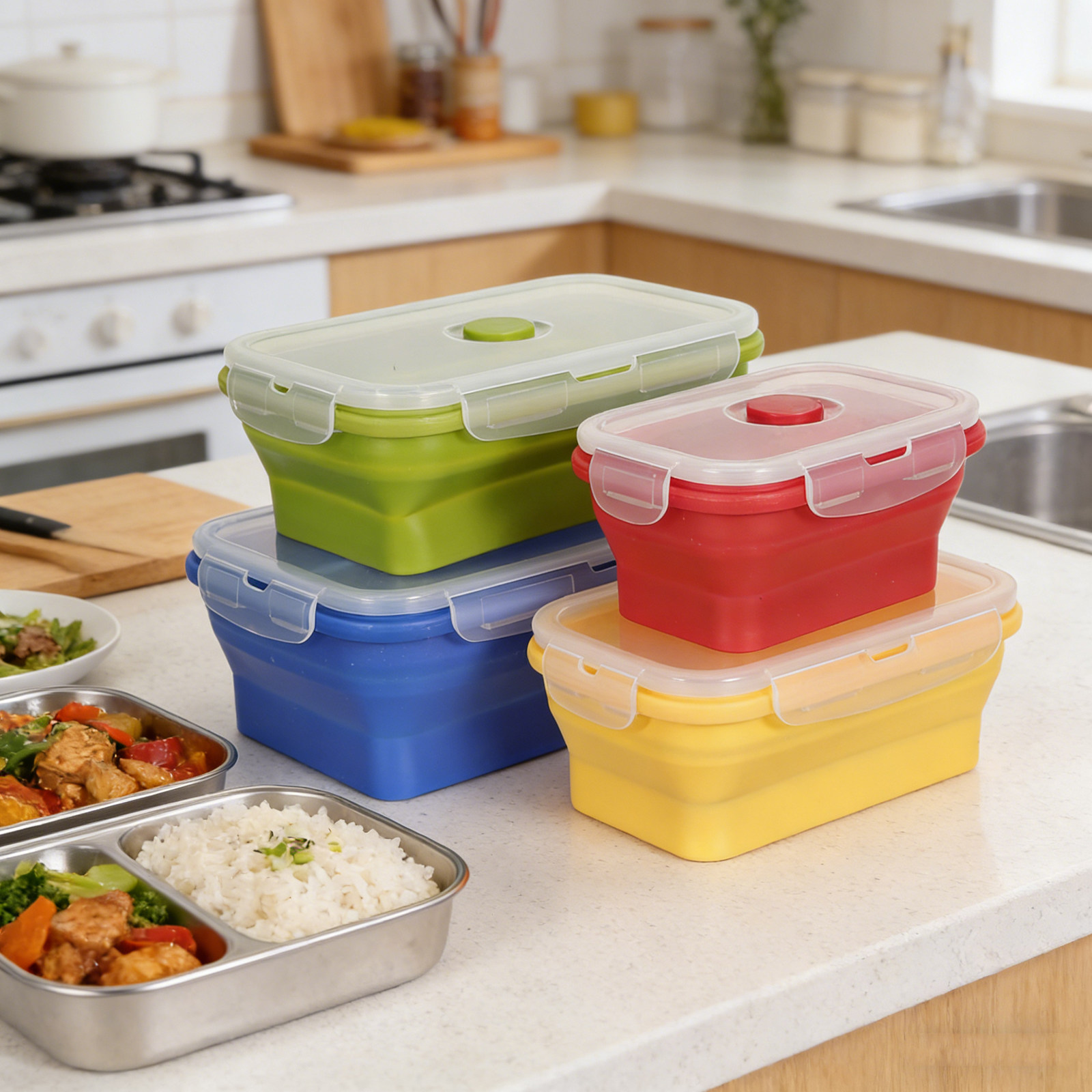 4 recipientes plegables de sil - Food Storage Home reseña y precio